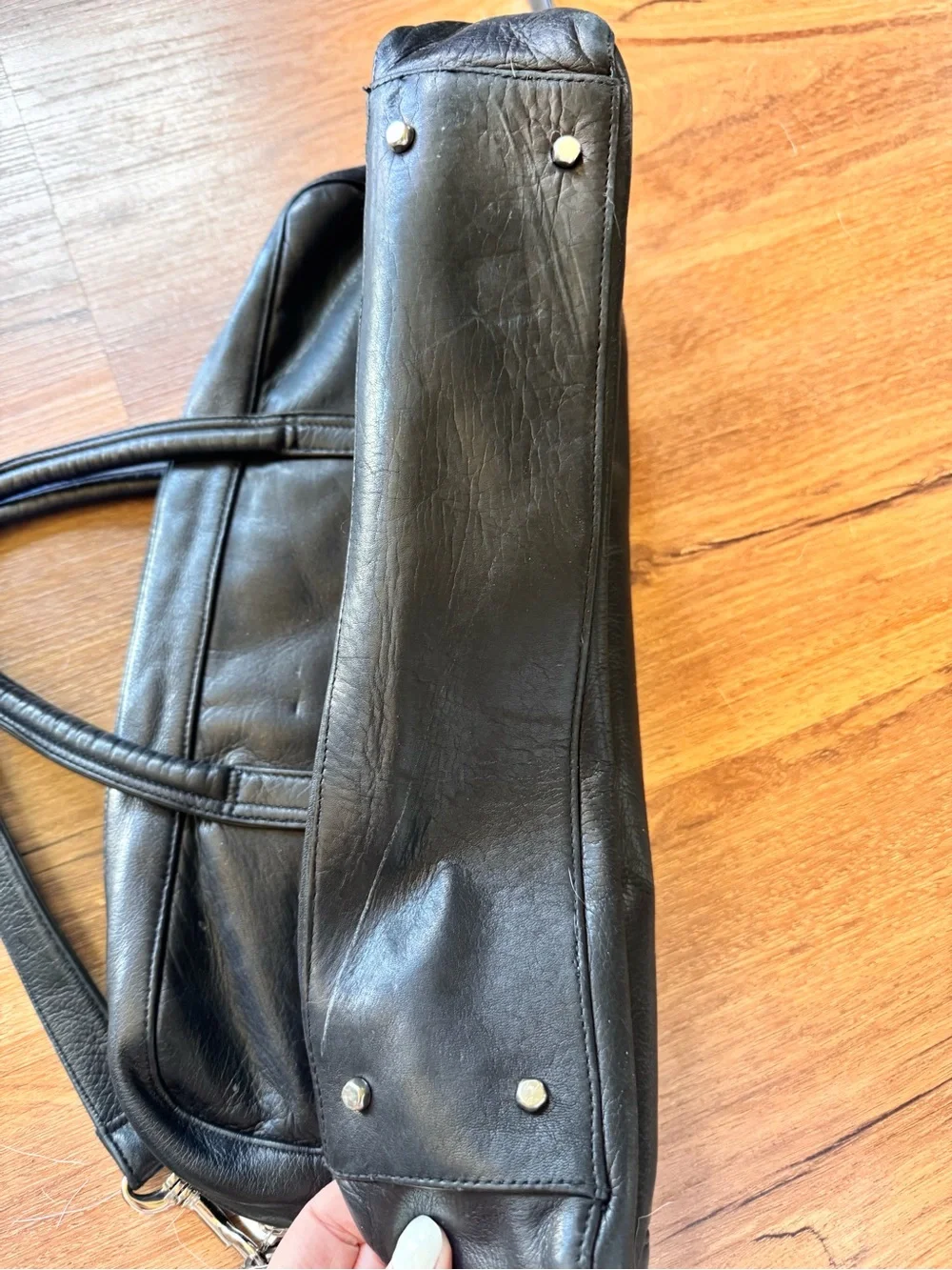 PERLINA Black Leather Laptop Handbag Purse Tote